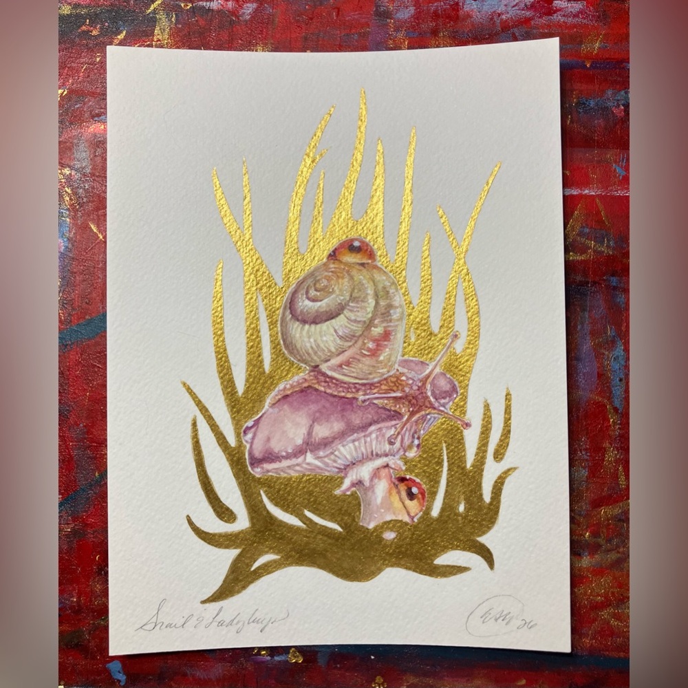 Original painting mushroom snail nature surreal nouveau gold accent artwork